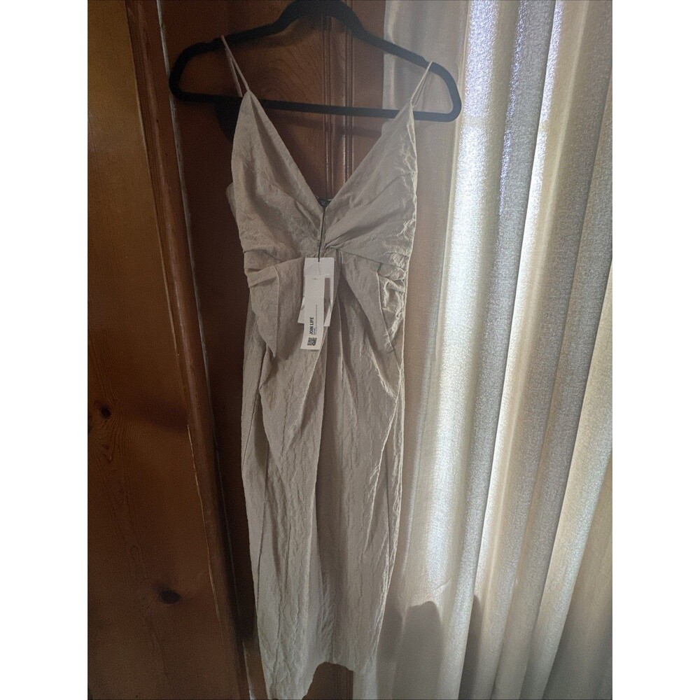 Zara Rustic Long Textured Dress With Knot & Front Vent In Sand Size S BNWT